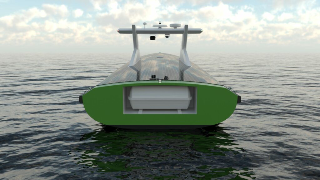 C-Job autonomous guard vessel at sea render back view
