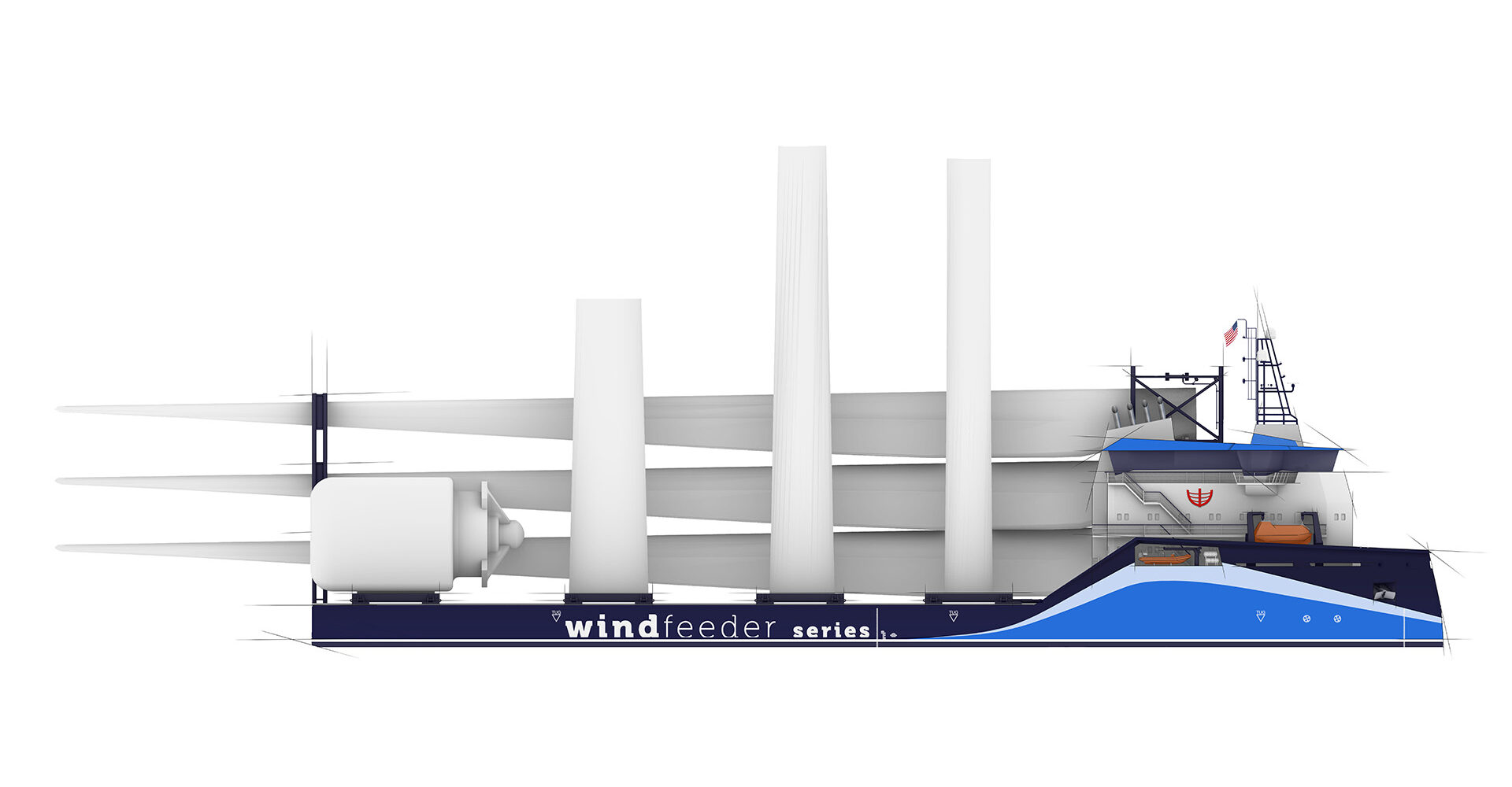 C-Job and Ampelmann offshore wind feeder vessel side view