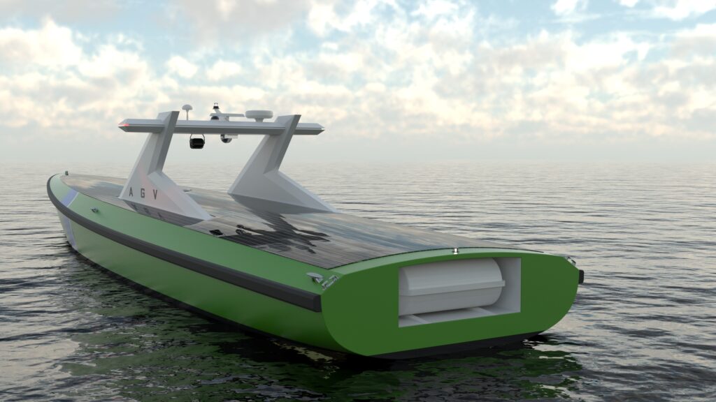 back view of autonomous guard vessel looking out at sea