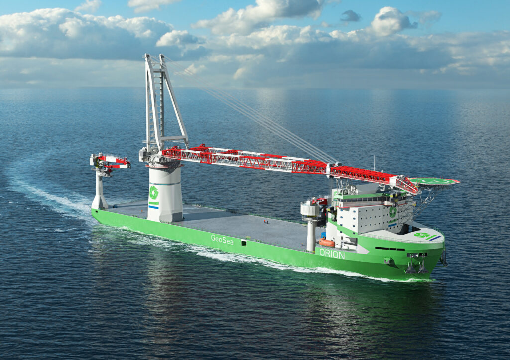 DEME Orion offshore vessel sailing with crane lowered