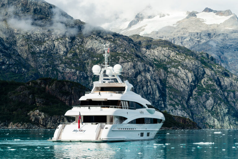 Heesen yachts MySky back view with mountains