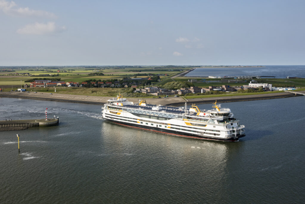 TESO Texelstroom ferry in operation at sea birds eye view
