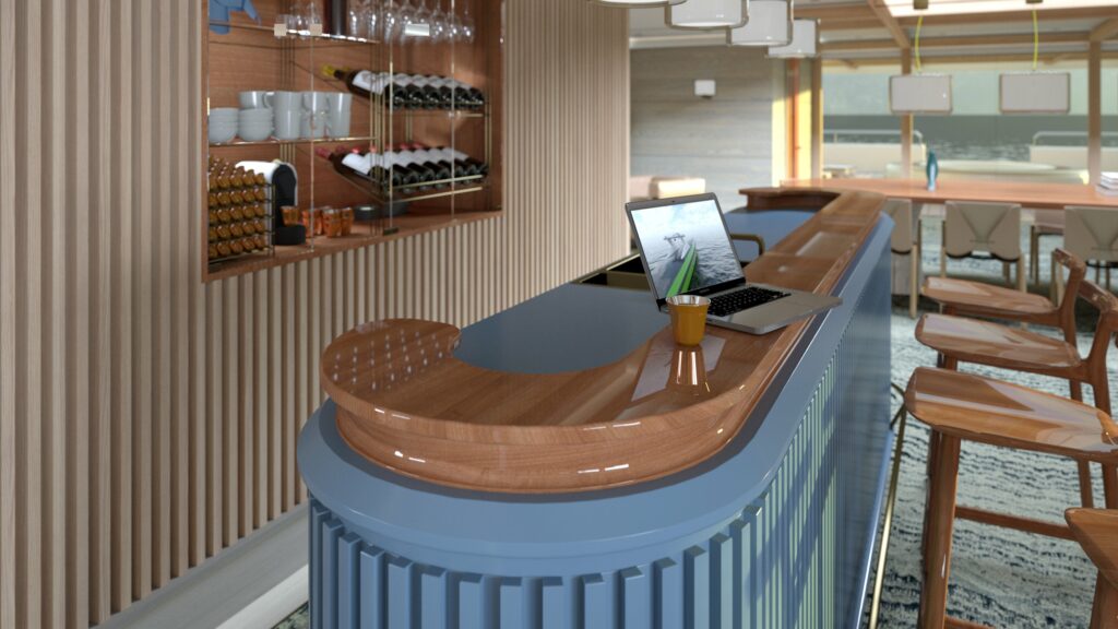 Interior design yacht bar with laptop
