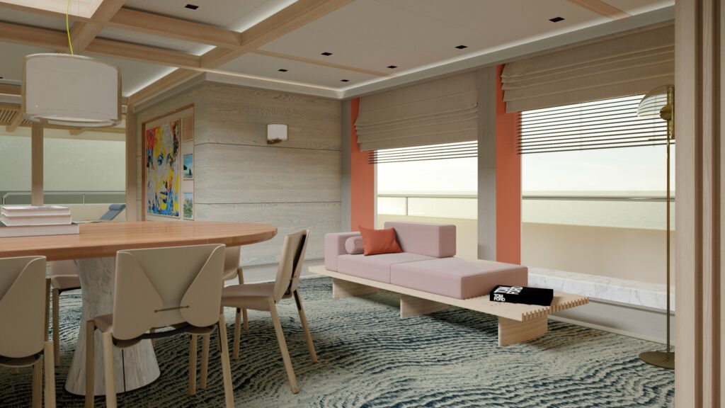 Interior design yacht couch next to dining area