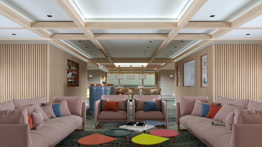 Interior render of luxury yacht living room pink couches