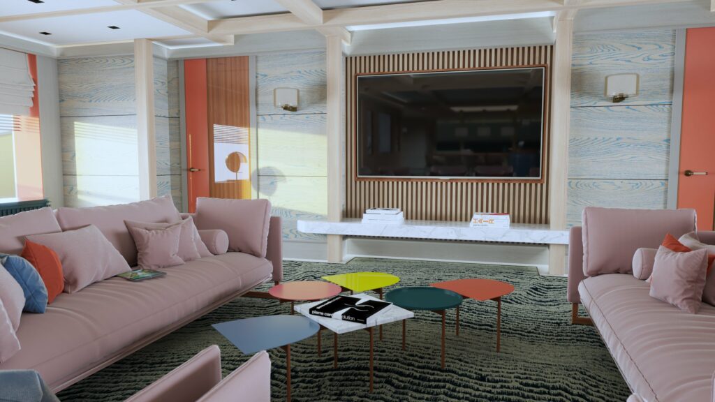 Interior render of luxury yacht living room pink couches and television