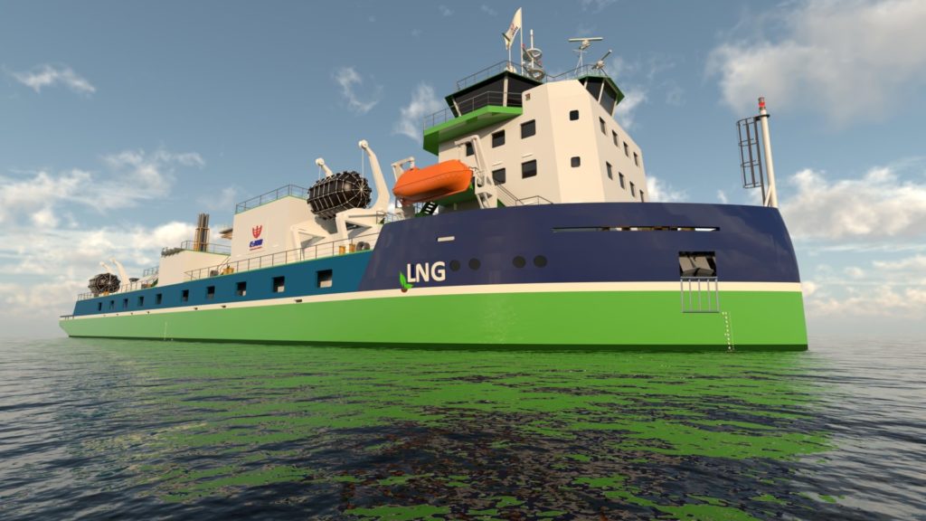 side view of C-Job LNG bunker vessel at sea