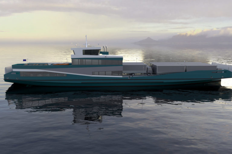 C-Job double-ended ferry side view sailing at sea and transporting trucks