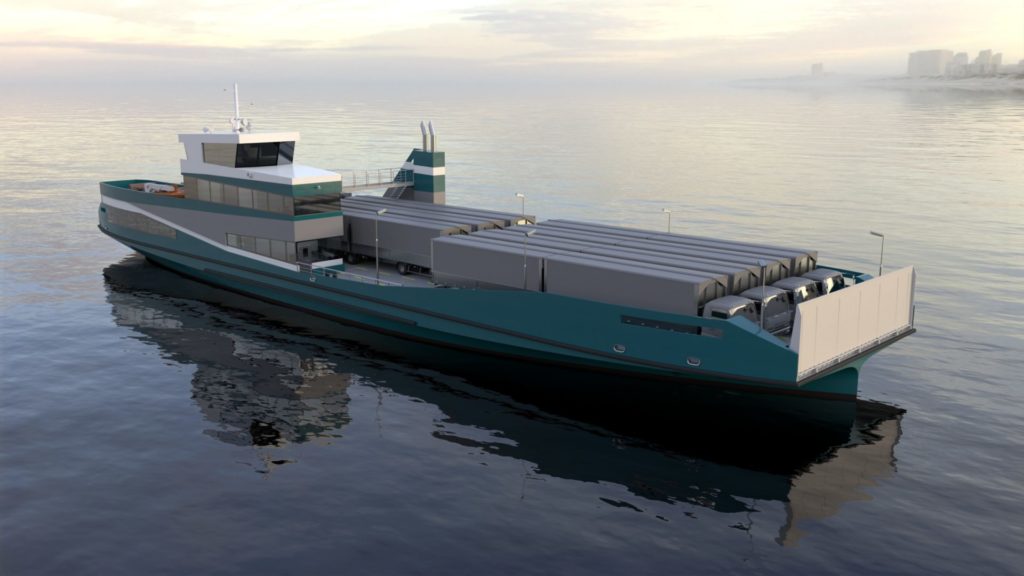 C-Job double-ended ferry at sea transporting trucks