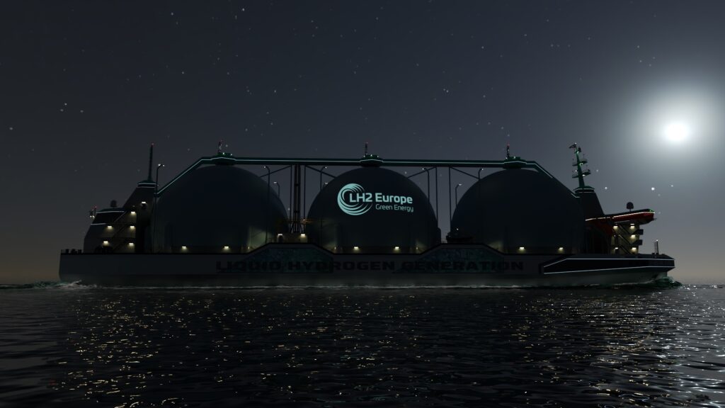 LH2 Europe C-Job Naval Architects liquid hydrogen tanker by night side view