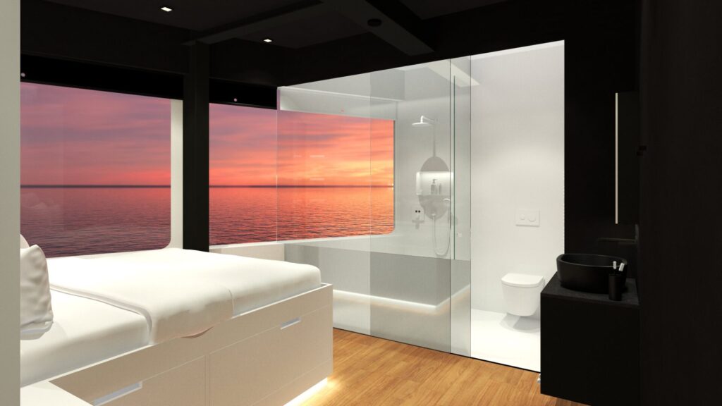 Oceandiva Cannes master bedroom view of bathroom and sunset