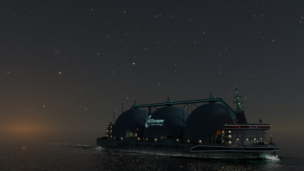 LH2 Europe C-Job Naval Architects liquid hydrogen tanker by night 3