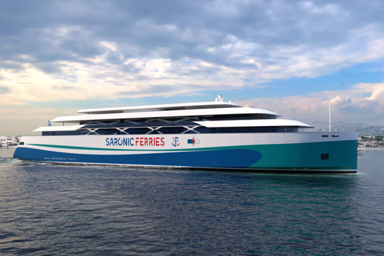 Initial design visualization of the fully electric ferry with Saronic Island in the background